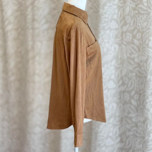 NWT Grace Faux Suede Button Down Shirt‎ Tan Long Sleeve Collared Size XS - Picture 2 of 8